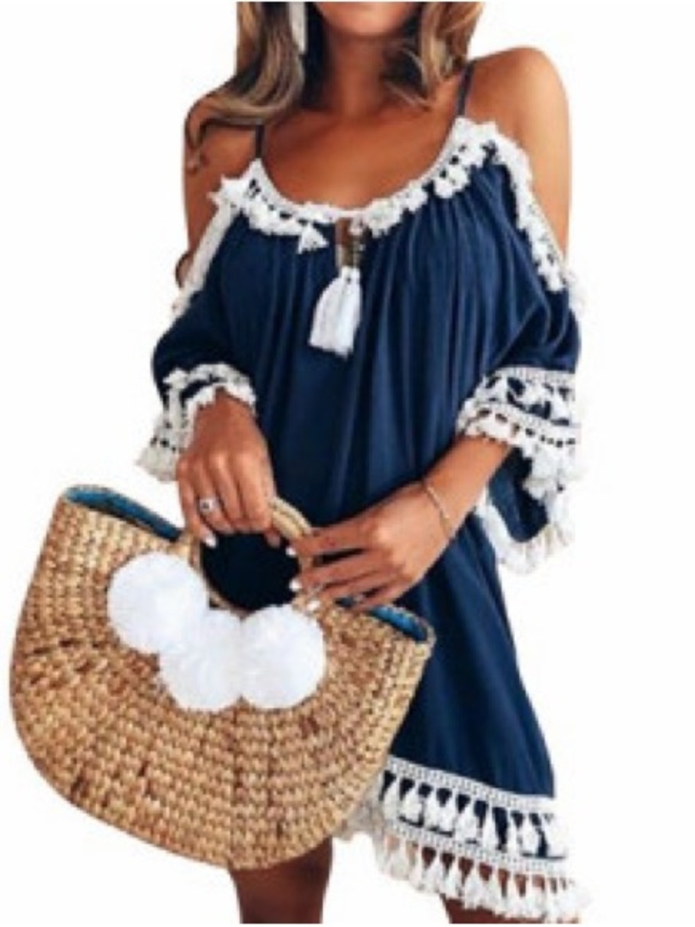 VENUS Navy Cold-Shoulder Beach Coverup Dress with White Lace Trim XL